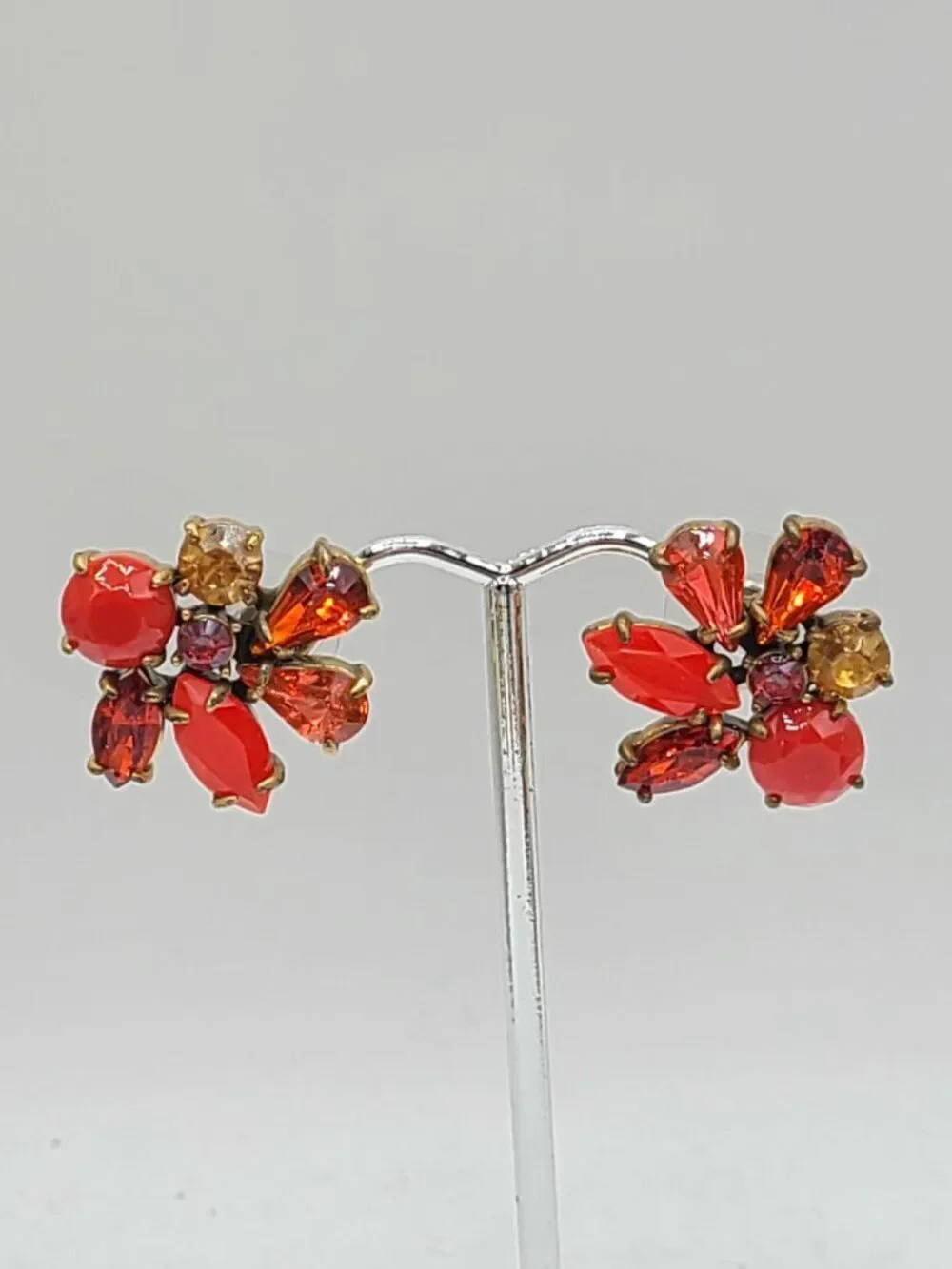 J Crew Red Crystal Gold Tone Stud Cluster Earrings